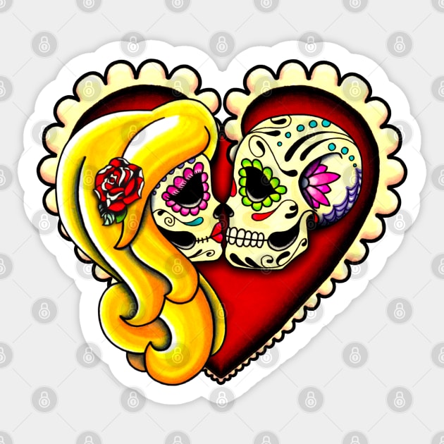 Ashes - Day of the Dead Kissing Sugar Skull Couple in Blonde Sticker by prettyinink